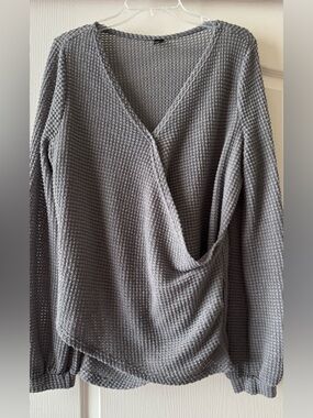 SHEIN Grey Waffle Knit V-Neck Wrap Sweater
